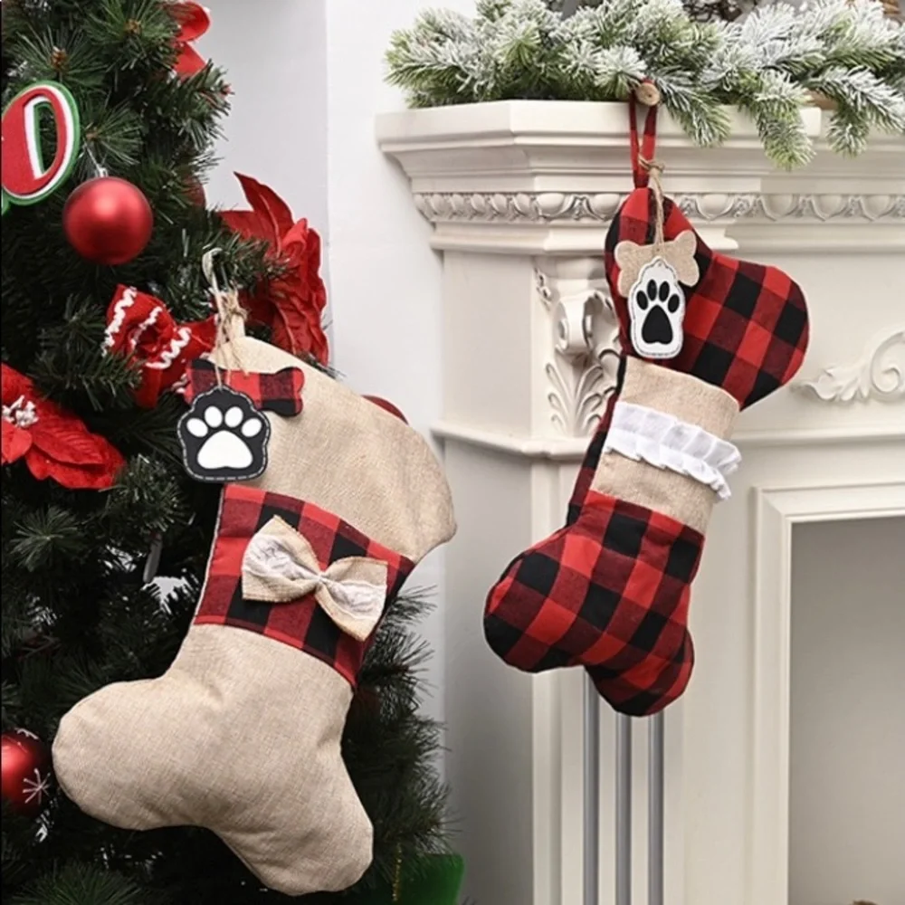 Christmas Decorations Linen Lattice Bone Socks Pendant Candy Bag - Picture 2 of 7